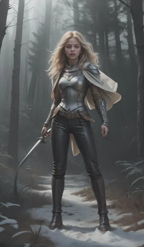 Wide angle Shot (((view from below))), long torso, <lora:ParDet-ColCin:0.43>, ((forest clearing, dynamic action scene:1.7)), ((menacing pose, with a broad sword:1.4)), (leather and fur trousers, detailed fur garment, intricate leather ornaments:1.2), Within a mesmerizing and meticulously crafted Mystery-fantasy full-body illustration, a resolute and audacious female warrior commands the spotlight with her luminous light blue glowing eyes. Clad in an intricately adorned armor and a sumptuous cloak, she epitomizes strength and determination against the backdrop of the icy mountaintop's turbulent atmosphere. The frost-kissed armor, adorned with dazzling icy gem stones, reflects the harsh beauty of her surroundings. Amidst swirling snowstorms and frost-covered peaks, she radiates an aura of heroic grandeur, her cloak fluttering in the frigid winds. With a fluid and dynamic pose, she presents her most formidable side, embodying unwavering courage and fierce resolve. Inspired by the visionary works of ((Greg Rutkowski), by Milo Manara) and Yoko Honda, this illustration captivates with its attention to detail and evocative storytelling, delivering an immersive journey into the realm of mystery-fantasy., Menacing Lighting: Menacing lighting creates a picture with a (sinister and foreboding atmosphere:1.2), utilizing dark shadows and eerie illumination to evoke a sense of threat and intimidation. This technique results in (ominous tones and sharp contrasts:1.3), infusing the scene with an unsettling feeling of danger. By harnessing the power of light to convey menace, this lighting style (immerses viewers in a world of looming dread:1.4), inviting them to confront the ominous presence within the Prompt. wide angle, cinematic establishing shot, (attention-grabbing, catchy), intricate detail, 8k uhd, dslr, soft lighting, high quality, film grain, highly detailed background, shallow depth of field, vignette, highly detailed, high budget, bokeh, cinemascope, moody, epic, gorgeous, film grain, grainy, volumetric lighting, subsurface scattering, special effects, color grading, fantasy aura, (vibrant colors, sharp focus, cinematic bloom), official art, official wallpaper, surreal, whimsical atmosphere, powerful energy, cinematic lighting, (extremely intricate), (adorned, glossy, crisp focus), perfect anatomy, transparent, polishing, glowing, shine, dazzling, crisp contrast,