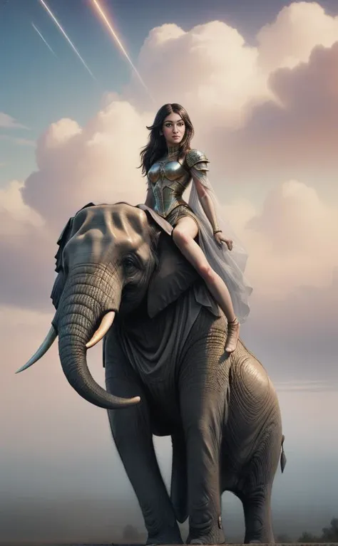 Dynamic , cinematic film still ((riding on a majestic elephant:1.44)), (long legs), Amidst the vast expanse of the sky, a determined and audacious female warrior, with bright white translucent, transparent, and light-transmissive pale skin, gracefully depicts floating weightless in a mesmerizing Mystery-fantasy full-body illustration. Her piercing azure eyes reflect the soft, diffused light of the celestial dawn, capturing the ethereal ambiance of the scene. ((Over her flowing attire adorned with celestial motifs, she wears intricately crafted armor)), each piece designed to harness the power of the heavens. She strikes a dynamic floating pose amidst the billowing clouds, presenting the indomitable spirit of the mighty warrior of the skies. ((Her translucent cloak, woven from strands of gossamer clouds and shimmering starlight), billows gracefully in the celestial currents), adding a touch of celestial resilience to the ethereal atmosphere. With her dynamic floating poise, she embodies a sense of weightless indomitable strength and determination amidst the boundless expanse of the heavens. ((Weightless floating) high up in the sky between the clouds), she invites viewers to immerse themselves in the awe-inspiring weightless beauty of the celestial realm. Inspired by the purity and serenity of the sky and the visionary works of (((Simon Stålenhag), by Yoko Honda), by Thomas Kinkade), Greg Rutkowski and Bob Ross. . intricate detail, 8k uhd, soft lighting, high quality, film grain, Immersive Point of view, clear lines, glossy surface, oily gloss, perfect composition, symmetrically arranged depth of field, dynamic perspective, subsurface scattering), bokeh, decorative, symmetrical, ((dynamic)),((vignette))), highly detailed, high budget, cinemascope, moody, epic, gorgeous, wide angle, cinematic establishing shot, (attention-grabbing, catchy), shallow depth of field, cinemascope, moody, epic, gorgeous, film grain, grainy, volumetric lighting, subsurface scattering, special effects, color grading, fantasy aura, (vibrant colors, sharp focus, cinematic bloom), official art, official wallpaper, surreal, whimsical atmosphere, powerful energy, cinematic lighting, (extremely intricate), (adorned, glossy, crisp focus), perfect anatomy, transparent, polishing, glowing, shine, dazzling, crisp contrast