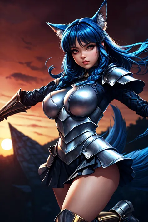 (ultra realistic,32k,RAW photo:1.1),(high detailed skin:1.1), 8k uhd, dslr, high quality, film grain, (makeup, mascara:1.1), lips,(thick\lips\),
(shiny glossy translucent clothing:1.1), <lora:Visual-Arts-Style-v1.1-resumed:0.7>1girl, solo, (blue hair), red eyes, long hair. side braid, bob cut, fox ears, fox tail, fox girl, (wide hips), (thick thighs), BREAK knight armor, knightess, knight, armor pants, knight chesplate, amored skirt, shining sword, armored boots, plate armor, fully clothed, (hinoue itaru:1.2), <lora:add_detail:0.77>, huge breast, (upper body:1.2),
Arching the back,
(busty:1.1) , (chubby:0.1),(dense light rays:1.2),<lora:LowRA:0.4>, dark theme, astral citadel, ethereal fortress, guardian spirits, protecting cosmic balance