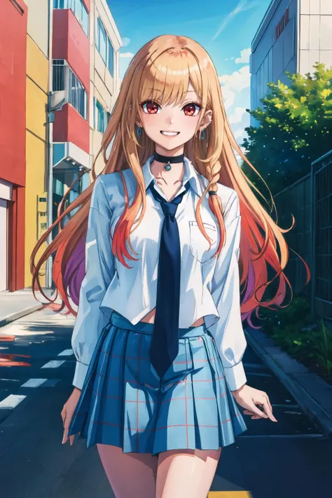masterpiece, best quality, highres, kitagawa marin, 1girl, blonde hair, long hair, multicolored hair, red eyes, jewelry, earrings, piercing, school uniform, white shirt, tied shirt, black choker, blue necktie, plaid skirt, <lora:kitagawa_marin_v1-1:0.7>, grin, smile, standing, cowboy shot, outdoors, (hinoue itaru:1.2) <lora:Visual-Arts-Style-v1.1-resumed:1>
