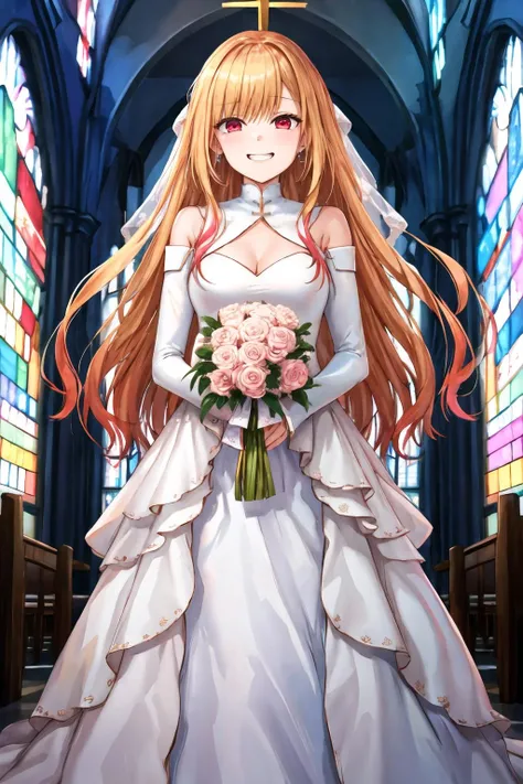 masterpiece, best quality, highres, kitagawa marin, 1girl, blonde hair, long hair, multicolored hair, red eyes,  wedding dress, in a chapel, dynamic lights,  <lora:kitagawa_marin_v1-1:0.7>, grin, smile, joy, tears in eyes, standing, cowboy shot,keystyle,   (na-ga:1.2) <lora:Visual-Arts-Style-v1.1-resumed:1>