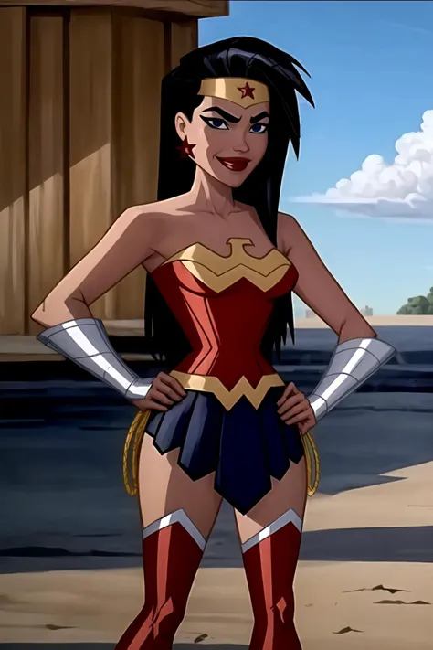 2d, cartoon, cartoon network, <lora:wonder-05:0.9>   wwaction,wonder woman costume,blue eyes, looking at viewer, standing, hands on hips, smile