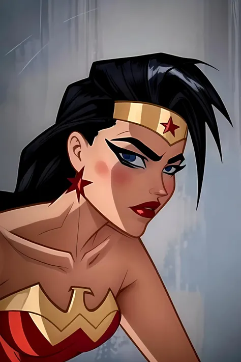 cartoon, thick lines, vibrant,((deep dark colours:1.4)), colorful, <lora:wonder-05:1>   wwaction, wonder woman costume,blue eyes, looking at viewer, blue eyes,