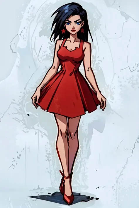 <lora:wonder-05:1> wwaction,blue eyes, red dress, looking at viewer, simple background,
