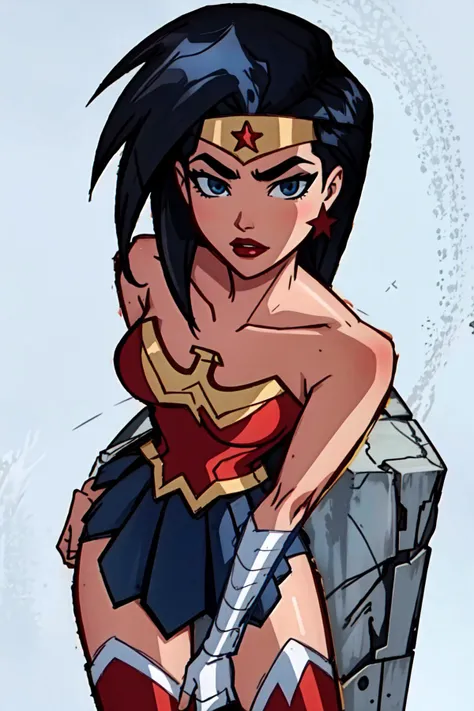 2d,  <lora:wonder-05:0.8>   wwaction,blue eyes,  wonder woman costume,  looking at viewer, simple background,