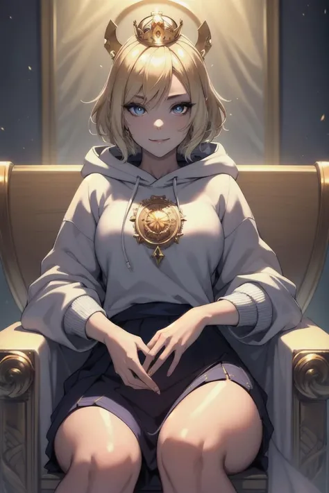 (1girl, short blonde hair, blue glowing eyes), open smile, (wearing a sweatshirt, open sweatshirt), (sitting on a throne), (wearing a king's crown), (behind the throne mountains landscape, sun lights, sun), (masterpiece), (anime art, best anime style), (detailed face, detailed eyes, detailed hair, ultra detail, best quality, 4k, highres, perfect ilumination),