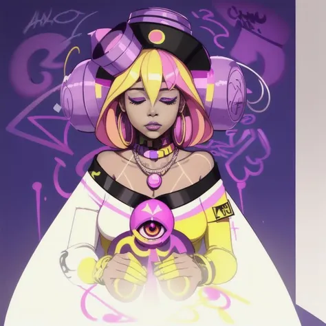 a woman with a hat and a necklace on their head and a black background with pink, yellow, and purple (graffiti:1.3), Chinwe Chukwuogo-Roy, an album cover, afrofuturism, portfolio shot, eyes closed