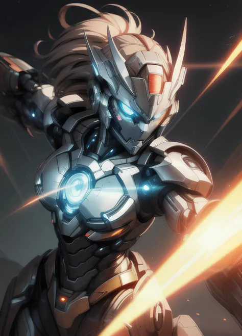masterpiece, best quality, highly detailed, 1 robot, 2.5D,photo with perspective glowing eyes, lines of light, flying hair, <lora:AMechaSSS[color_theme,mecha musume, mechanical parts,robot joints,headgear]:1>  beautiful eyes, robot, iron face, iron inserts on the face, breasts