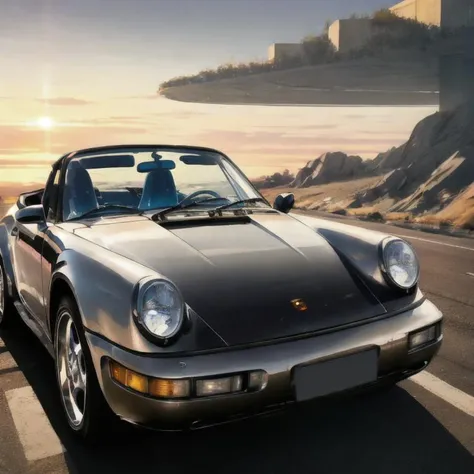 a photo of a dusty abandoned black porsche964 cabriolet car angled view on a highway in California, one headlight smashed, at sunset, global illumination, volumetric lighting, highly detailed, insanely detailed, absurdres, best quality <lora:porsche964Cabriolet_e4:1>