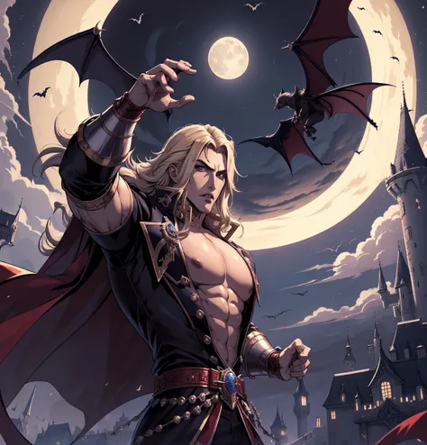 masterpiece, high quality, highres,absurdres, finely detail,manga,
castlevania,vampire killer,man,handsome,strong,warrior,starp,fighting stance,night,moon,castle,bats,art by kim hyung tae,