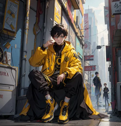 masterpiece, high quality, highres,absurdres, finely detail,ray tracking,manga,anime coloring,cyberpunk,cyberpunk edgerunners,1boy,short hair,yellow coat,loose clothes,sitting,road,gate,city,art by Edward John Poynter