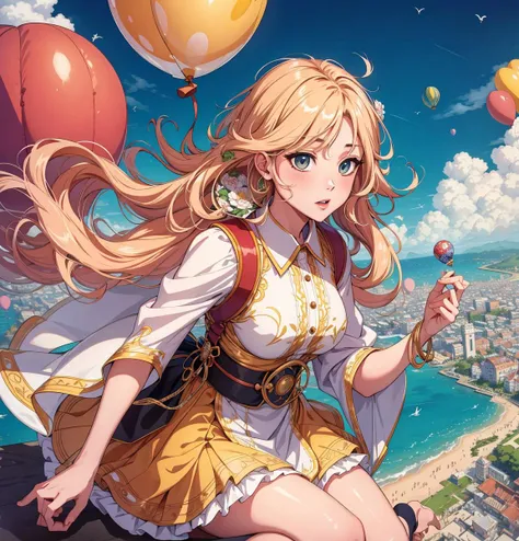 masterpiece, high quality, highres,absurdres, finely detail,ray tracking,manga,anime coloring,1 girl,floating hair,floating,balloon,flying,from above,city,sea,cloud,