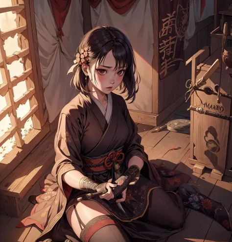 masterpiece, high quality, highres,absurdres, finely detail,ray tracking,manga,anime coloring,sekiro: shadows die twice,1girl,assassin,hiding
,art by Edward John Poynter