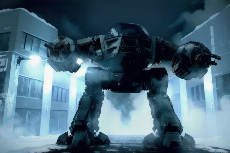 analog gloomy photo of a ED-209 robot, <lora:ed209:1>, ((zombie apocalypse:1.2)), (winter), (snow), (horror ), ((nighttime)), a decayed dilapidated city, ruins, abandoned buildings, wrecked cars on the streets, High Detail, Sharp focus, (photorealism), realistic, best quality, 8k, award winning, dramatic lighting, epic, cinematic, masterpiece, rim light, ambient fog:1.3, dutch angle, depth of field,