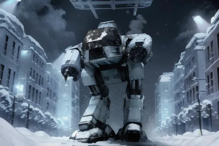 analog gloomy photo of a ED-209 robot, <lora:ed209:1>, ((zombie apocalypse:1.2)), (winter), (snow), (horror ), ((nighttime)), a decayed dilapidated city, ruins, abandoned buildings, wrecked cars on the streets, High Detail, Sharp focus, (photorealism), realistic, best quality, 8k, award winning, dramatic lighting, epic, cinematic, masterpiece, rim light, ambient fog:1.3, dutch angle, depth of field,