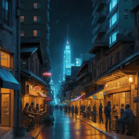 an american comic book illustration of a street with apartment buildings and a bar, (at night), sublime art, detailed, realistic skin texture, high Detail, Sharp focus, best quality, 8k, award winning, dramatic lighting, epic, cinematic, masterpiece, depth of field, <lora:graphicNovelStyle_v10:0.4>