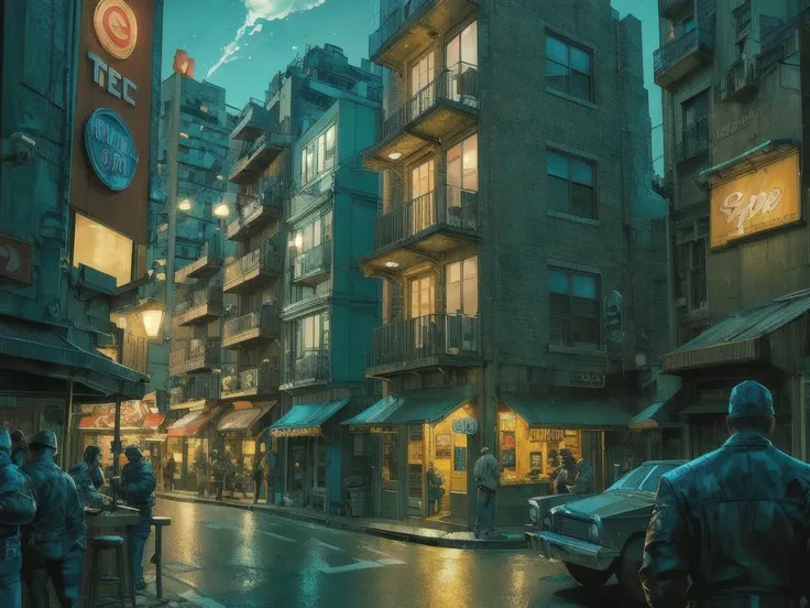 an american comic book illustration (panoramic shot) of a street with apartment buildings and a bar, (at night), from below, fish eye lens, sublime art, detailed, realistic skin texture, high Detail, Sharp focus, best quality, 8k, award winning, dramatic lighting, epic, cinematic, masterpiece, depth of field, <lora:graphicNovelStyle_v10:0.4> <lora:fisheye_v10:0.2>
