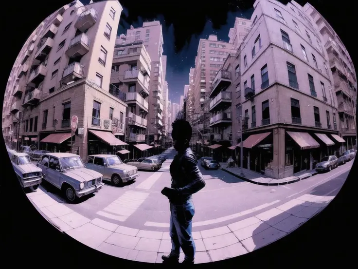 an american comic book illustration (panoramic shot) of a street with apartment buildings and a bar, (at night), from below, fish eye lens, sublime art, detailed, realistic skin texture, high Detail, Sharp focus, best quality, 8k, award winning, dramatic lighting, epic, cinematic, masterpiece, depth of field, <lora:graphicNovelStyle_v10:0.4> <lora:fisheye_v10:0.5>