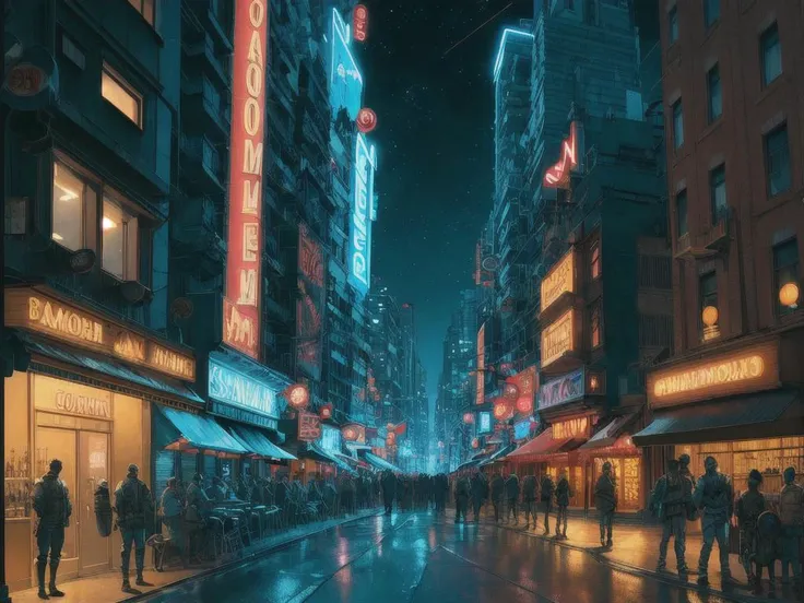an american comic book illustration (panoramic shot) of a street with apartment buildings and a bar, (at night), from below, fish eye lens, sublime art, detailed, realistic skin texture, high Detail, Sharp focus, best quality, 8k, award winning, dramatic lighting, epic, cinematic, masterpiece, depth of field, <lora:graphicNovelStyle_v10:0.4>