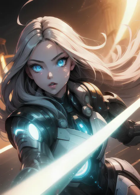 masterpiece, best quality, highly detailed, 1 girl, 2.5D,photo with perspective glowing eyes, lines of light, flying hair, <lora:AMechaSSS[color_theme,mecha musume, mechanical parts,robot joints,headgear]:1>  beautiful eyes