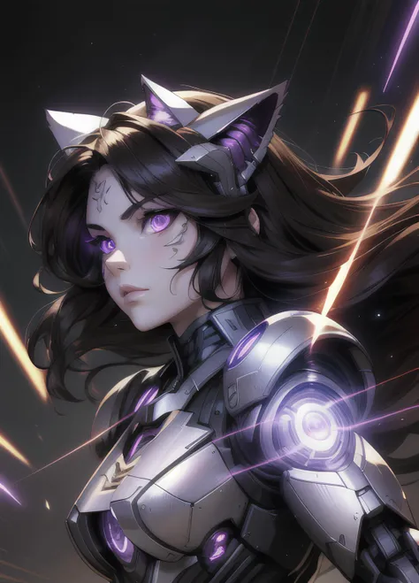 masterpiece, best quality, highly detailed, 1 girl, 2.5D,photo with perspective glowing eyes, lines of light, flying hair, <lora:AMechaSSS[color_theme,mecha musume, mechanical parts,robot joints,headgear]:1>  beautiful eyes, robot, iron face, iron inserts on the face, iron cat ears, dark hair, purple eyes