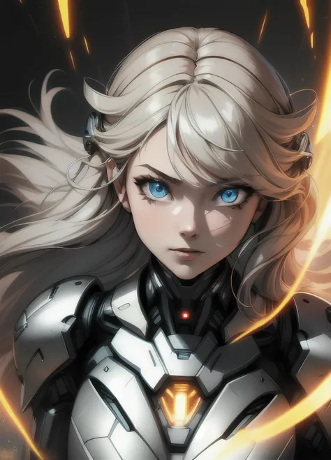masterpiece, best quality, highly detailed, 1 girl, 2.5D,photo with perspective glowing eyes, lines of light, flying hair, <lora:AMechaSSS[color_theme,mecha musume, mechanical parts,robot joints,headgear]:1>  beautiful eyes, robot, iron face, iron inserts on the face