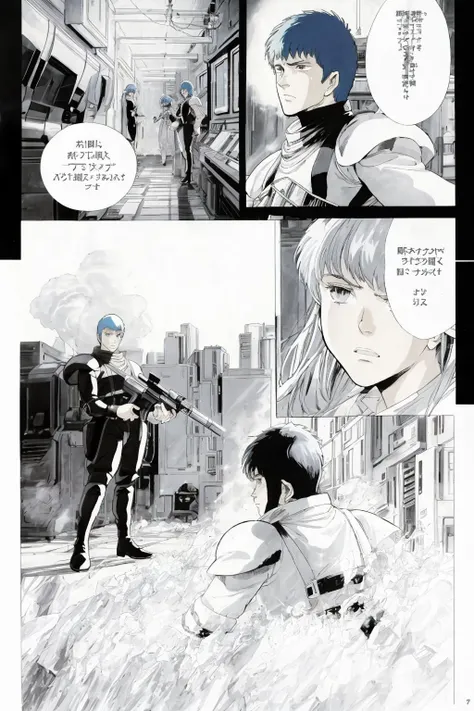 monochrome,line art,comic,border,koma, ,Text bubble,black and white, <lora:manga-master-V2:0.2> <lora:chiricoV1:1>,1boy,chirico, weapon, machine,2girls