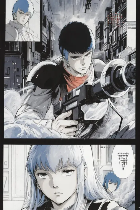 monochrome,line art,comic,border,koma, ,Text bubble,black and white, <lora:manga-master-V2:0.2> <lora:chiricoV1:1>,1boy,chirico, weapon, machine,2girls