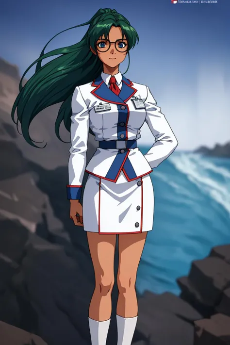 {{masterpiece}},{{best quality}},{{high resolution}},{{caustics}},{{detailed}}, ,standing, ,a woman standing on night coast, coast, <lora:sherilV1:0.6>,sheril_shattleet,green hair, dark skin,dark-skinned female, blue_eyes,22_year_old_woman,glasses, skirt, white_uniform,uniform, name tag,looking at viewer,pony_tail,