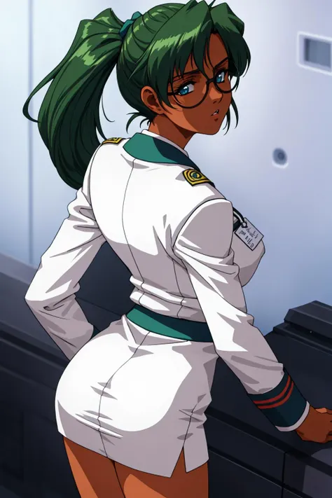 {{masterpiece}},{{best quality}},{{high resolution}},{{caustics}},{{detailed}},  ,standing, ,a woman standing on night coast, laboratory,from back, <lora:sherilV1:0.6>,sheril_shattleet,green hair, dark skin,dark-skinned female, blue_eyes,22_year_old_woman,glasses, skirt, white_uniform,uniform, name tag,looking at viewer,pony_tail,