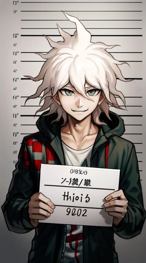 masterpiece, best quality, ultra-detail, 1boy, perfect hands,  <lora:nagito-10:0.6>, Komaeda_Nagito, smile,  <lora:mugshot:0.5>, mugshot, (height chart:1.5), holding sign, closed mouth, high teen, upper body,