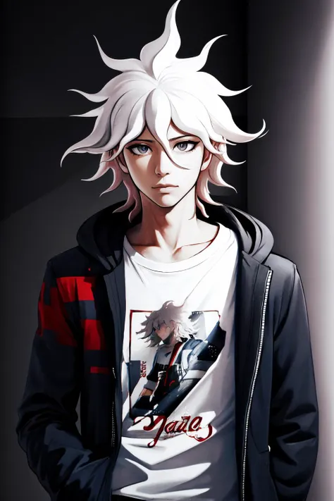 Highly detailed, High Quality, Masterpiece, beautiful, WrittenOnClothes, <lora:WrittenOnClothes:0.9>, 1boy, solo, Komaeda_Nagito, <lora:Char_Danganronpa_KomaedaNagito:0.6>, shirt