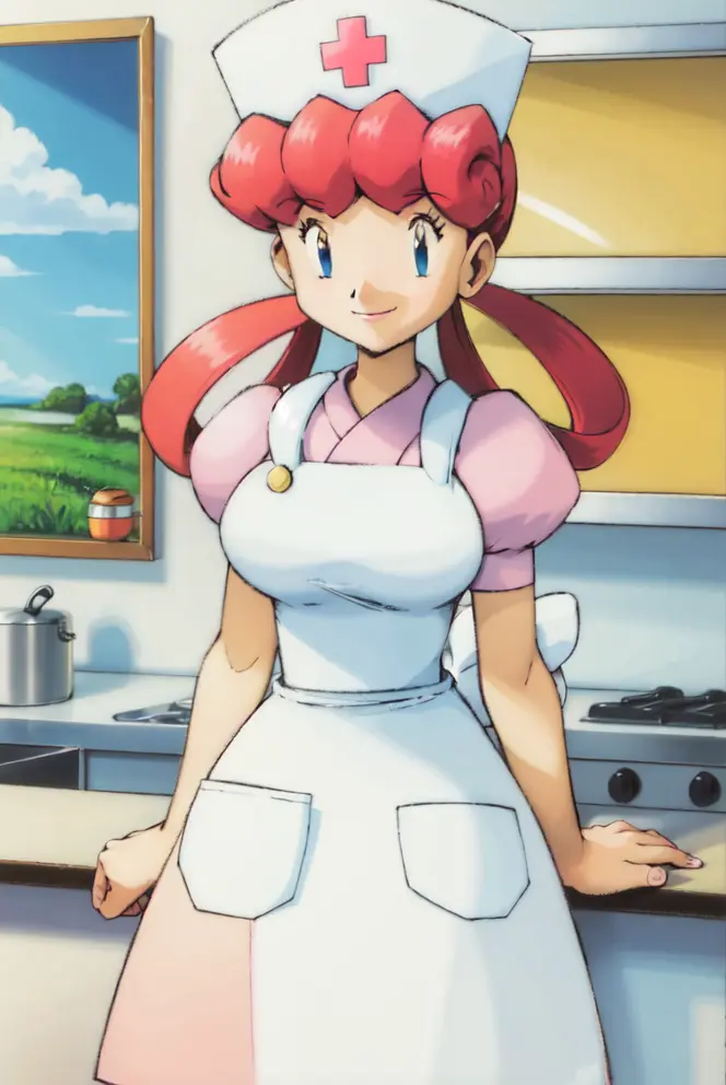 (masterpiece, best quality:1.2), nurse joy, pokemon, blue eyes, closed mouth, long hair, pink hair, short sleeves, nurse, blush, holding, puffy short sleeves, large breasts, puffy sleeves,  nurse cap, 1girl, looking at viewer, smile, solo, hat, dress, apron, hair rings, clipboard <lora:JOY-10:0.8> <lora:kenSugimori1990sClassic_v12:0.8>