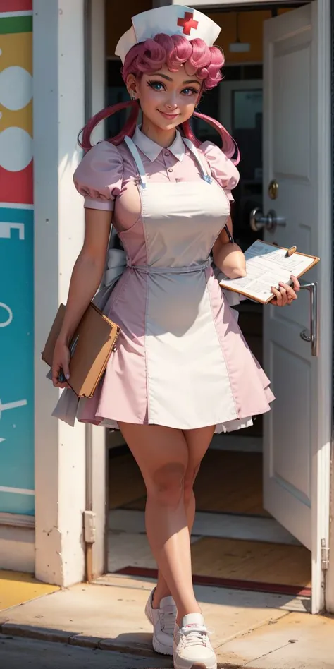 (masterpiece, best quality:1.2), nurse joy, pokemon, blue eyes, closed mouth, long hair, pink hair, short sleeves, nurse, blush, holding, puffy short sleeves, large breasts, puffy sleeves, nurse cap, 1girl, looking at viewer, smile, solo, hat, dress, white apron, hair rings, clipboard, White sneakers, long legs, athletic, fit, hospital,
<lora:JOY-10:0.8>, <lora:fitgirl_4:0.5>
