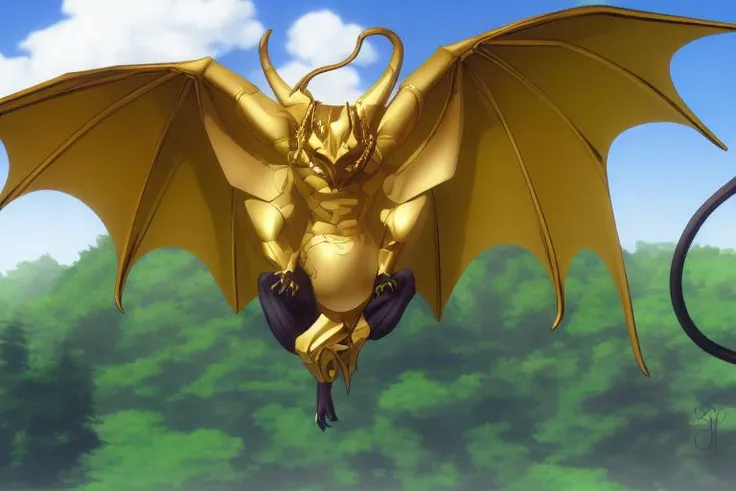 A golden bat,monster_design, simple_background, white_background,kazuma_kaneko