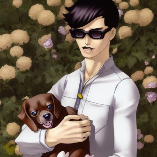 kazuma_kaneko, face painting ,1 muscle man in leotard holding a dog walks in flower garden,ear ring, brown hair,half body,smile, brown skin,Quiff, sun glass,Headset,solo,male