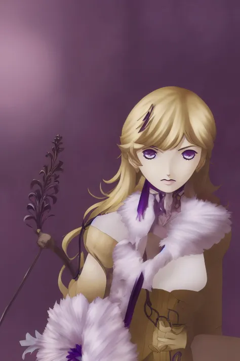 an anime girl holding a lily, kazuma_kaneko, curl, golden hair ,long hair, hair pin, blue iris, purple ribbon, fur coat, brown boot