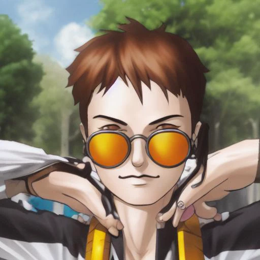 face painting ,1 musle man in T-shirts holding a manga walks in park,kazuma_kaneko,ear ring, brown hair,half body,smile, brown skin, leg crossed,Quiff, sun glass