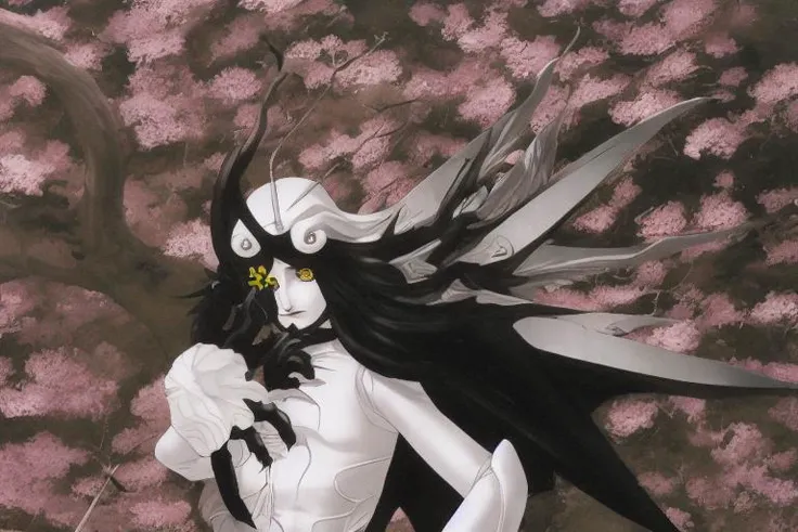 a demon in white armor with a black wings holding a scythe walks in a flower garden, kazuma_kaneko