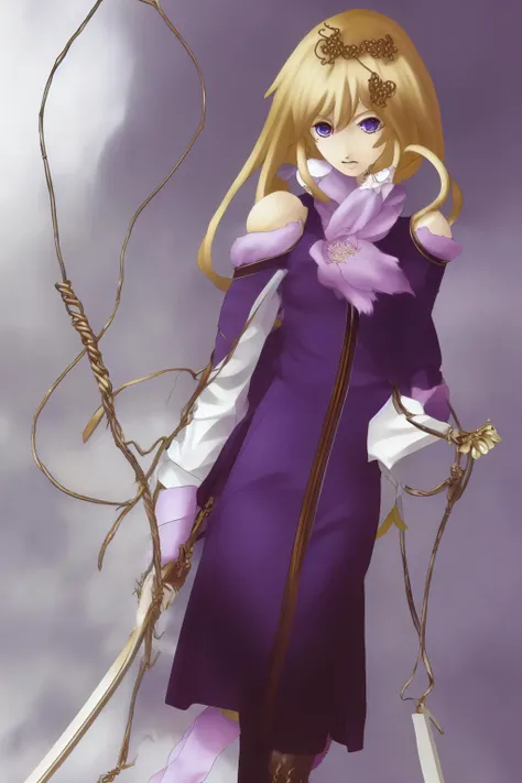 an anime girl holding a lily, kazuma_kaneko, curl, golden hair ,long hair, hair pin, blue iris, purple ribbon, fur coat, brown boot