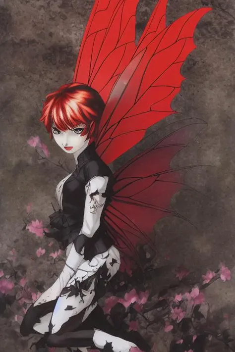 detailed face ,a red pixie_\(fairy\) face on a magazine cover with the title , pixie_\(fairy\) written in black and the image of one pixie_\(fairy\) , a poster, naturalism,kazuma_kaneko,full_body,long hair