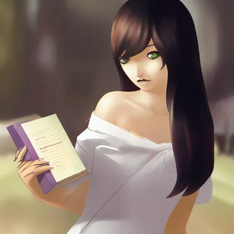 1 girl holding a book in classroom wears school uniform ,brown hair ,bare shoulder ,leg crossed ,view on camera,long hair kazuma_kaneko,nsfw