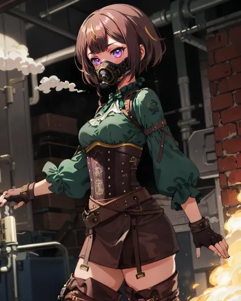 1girl, solo, steampunk, gears, pipes, factory, steam, melfissasteampunk, green shirt, corset, belt, mask, fingerless gloves, thigh boots, (empty eyes)<lora:anya_melfissa_3_outfits:1>