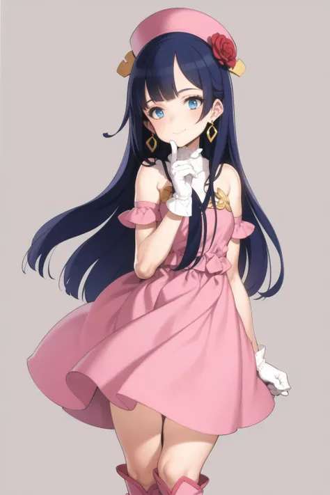 <lora:oyari_ashito_v0.1a:1.0> 
1girl, solo, long hair, smile, blue eyes, gloves, hat, dress, bare shoulders, jewelry, blue hair, earrings, boots,, masterpiece, best quality, highly detailed