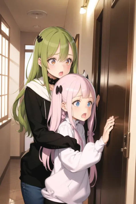 <lora:oyari_ashito_v0.1a:1.0>
2girls, hug, surprised, :o, embarrassed, hallway,, masterpiece, best quality, highly detailed