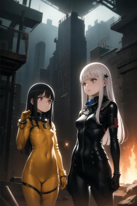 <lora:oyari_ashito_v0.1a:1.0>
2girls, bodysuit, post-apocalypse, facing another, science fiction, spacecraft,, masterpiece, best quality, highly detailed
