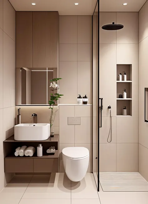 <lora:å«çé´0.1:0.7>,interior design, bathroom, no humans, sink, indoors, window, toilet, scenery, mirrors, mirror, door, plant, faucet, toilet paper, light bar, flower, white tile