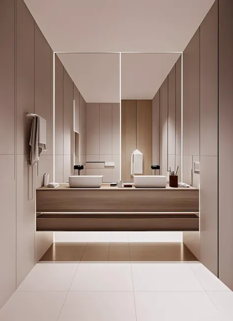 <lora:å«çé´0.1:0.7>,interior design,bathroom,no humans,sink,indoors,scenery,tiles,towel,mirrors,wood grain,bathtub,white tile wall,light bar,white tile,
