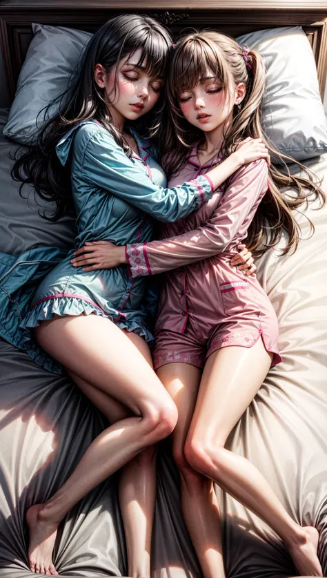 2girls,  2teens,  front,  lying on bed,  looking from above,  sleeping,  pajama,  full body,  hugging,  
, <lora:EMS-179-EMS:0.700000>