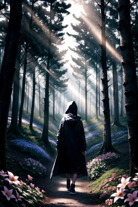 deep forest,  flower feilds,  sunlight,  film lighting,  (masterpeice),  (high_quality),  best quality,  hooded figure in the distance,  anbient lighting,  (wide shot), <lora:EMS-179-EMS:0.600000>